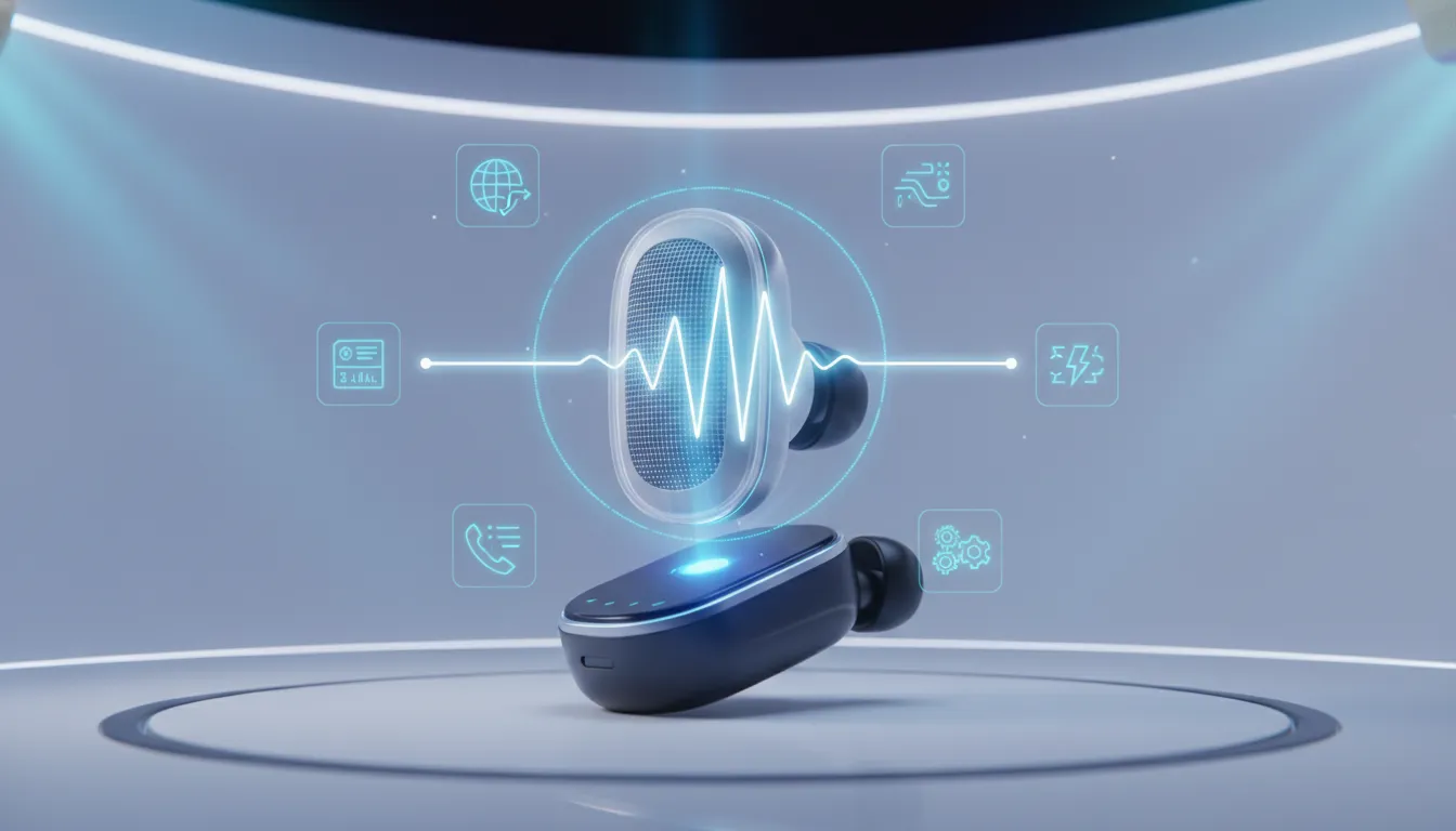Futuristická holografická scéna zobrazující hlasovou AI s audio vlnami a abstraktními symboly překladu a automatizace bez textu