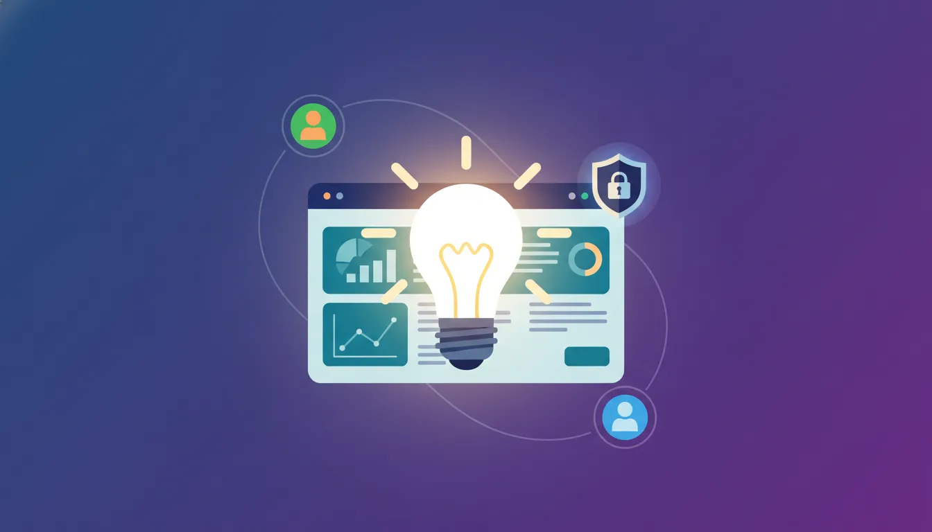 Illustration of an idea transforming into a secure internal team application, with a lock-shield over a modern dashboard and connected team icons.