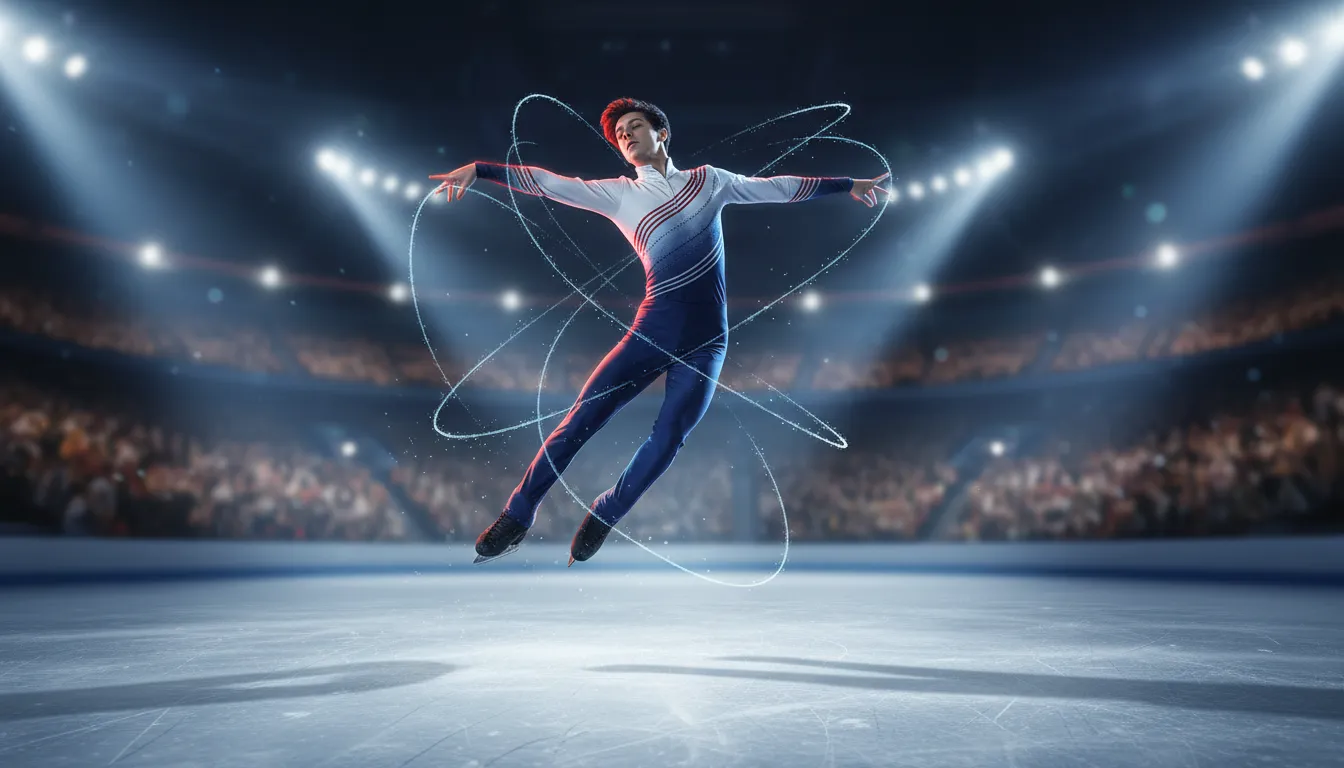 Ilia Malinin ve vzduchu při čtyřnásobném skoku nad ledem, dramatické osvětlení, pohybové stopy a nádech technické dominance