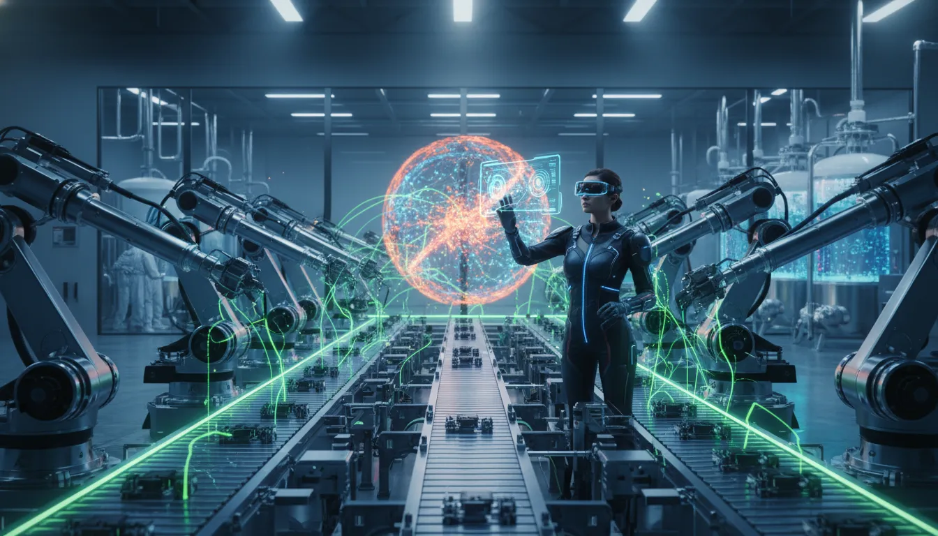 High-tech factory with robotic arms and conveyors, an engineer using AR and glowing holographic data streams representing industrial AI
