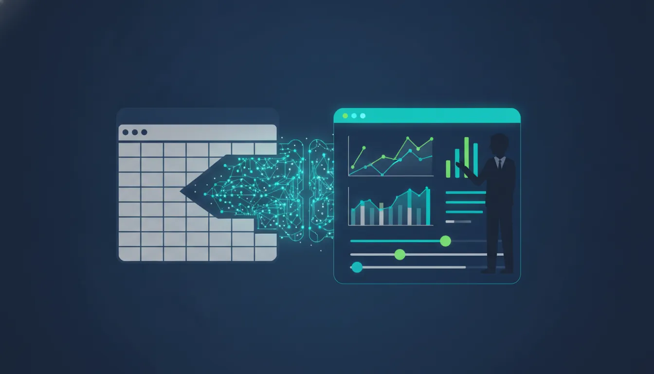 Ilustrace ukazující transformaci tabulky finanční prognózy do interaktivního plánovacího dashboardu s propojením na AI (bez textu).