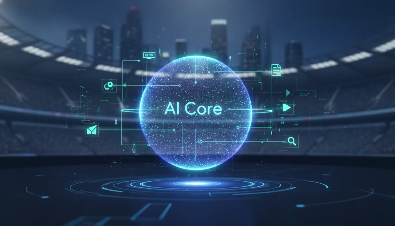 Futuristická ilustrace s holografickým AI jádrem a propojenými datovými toky znázorňujícími ekosystém Google napříč produkty bez textu.