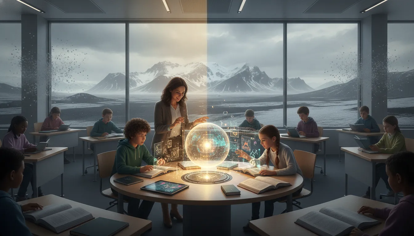 Ilustrace islandské školy s učitelem a studenty, kteří pracují s holografickým AI jako pomocníkem pro učení a tvořivost, zasazené do zasněžené islandské krajiny.