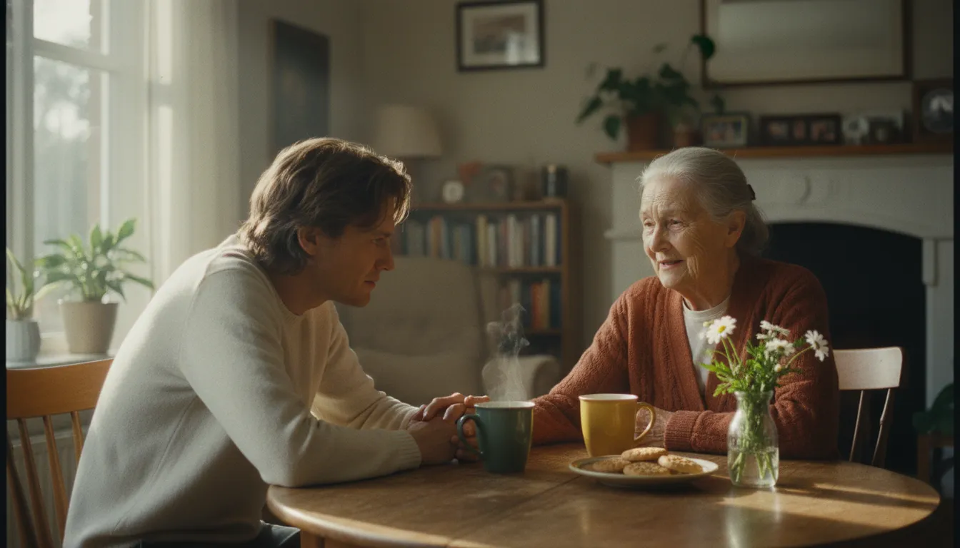 Dospělá dcera a matka sedí u malého kuchyňského stolu; dcera nakloněná, pozorně naslouchá a drží matčinu ruku, na stole dva šálky čaje a útulné sluneční světlo v domácím prostředí.
