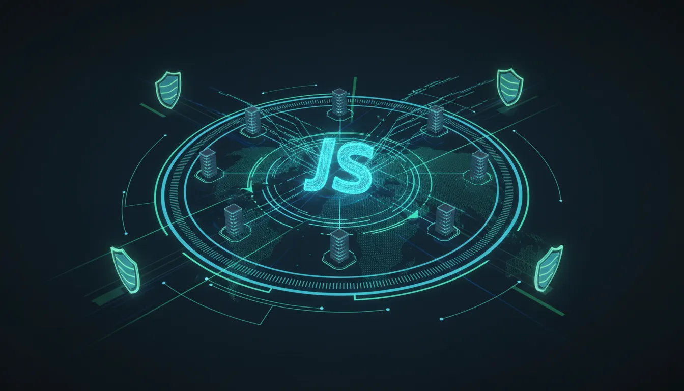 Ilustrace znázorňující JavaScript runtime běžící na edge s propojenou sítí serverů, holografickými světelnými toky a prvky bezpečnosti a rychlosti vývoje bez textu.