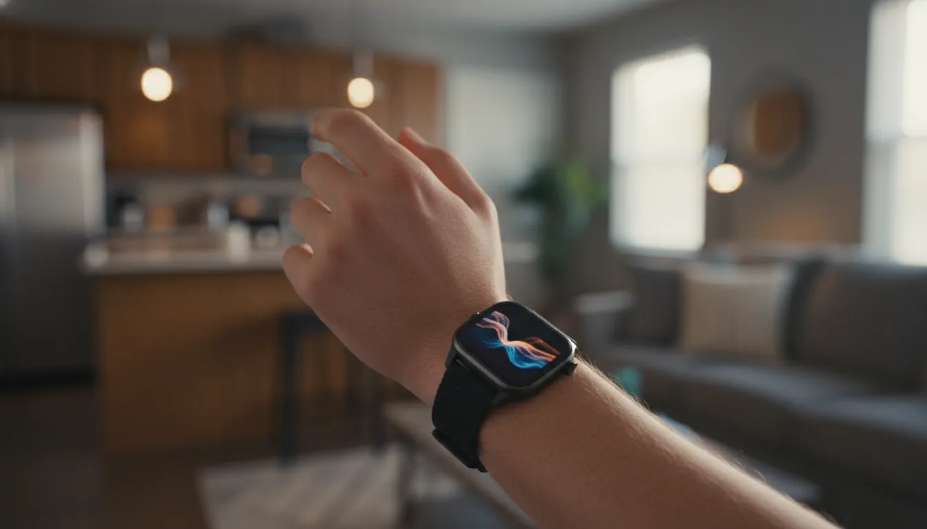 Osoba s chytrými hodinkami na zápěstí při jednorukém gestu ovládání, realistická fotografie bez textu.