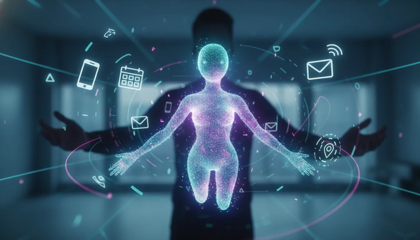 Konceptuální obrázek 24/7 osobního AI agenta s holografickým rozhraním a jiskřivou digitální energií, bez textu.