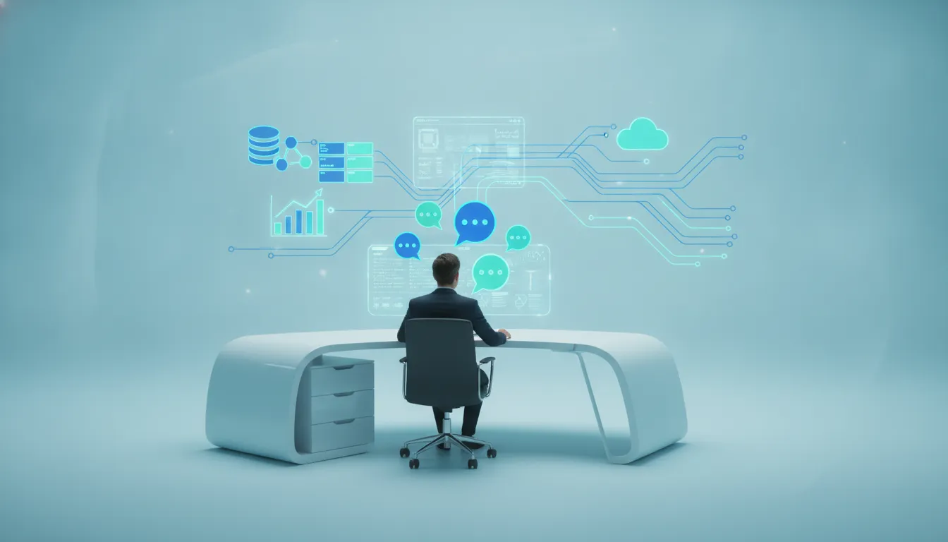 Ilustrace konverzačního datového agenta propojujícího firemní data se vzorcem odpovědí, dashboardem a následnými akcemi v pracovním prostředí