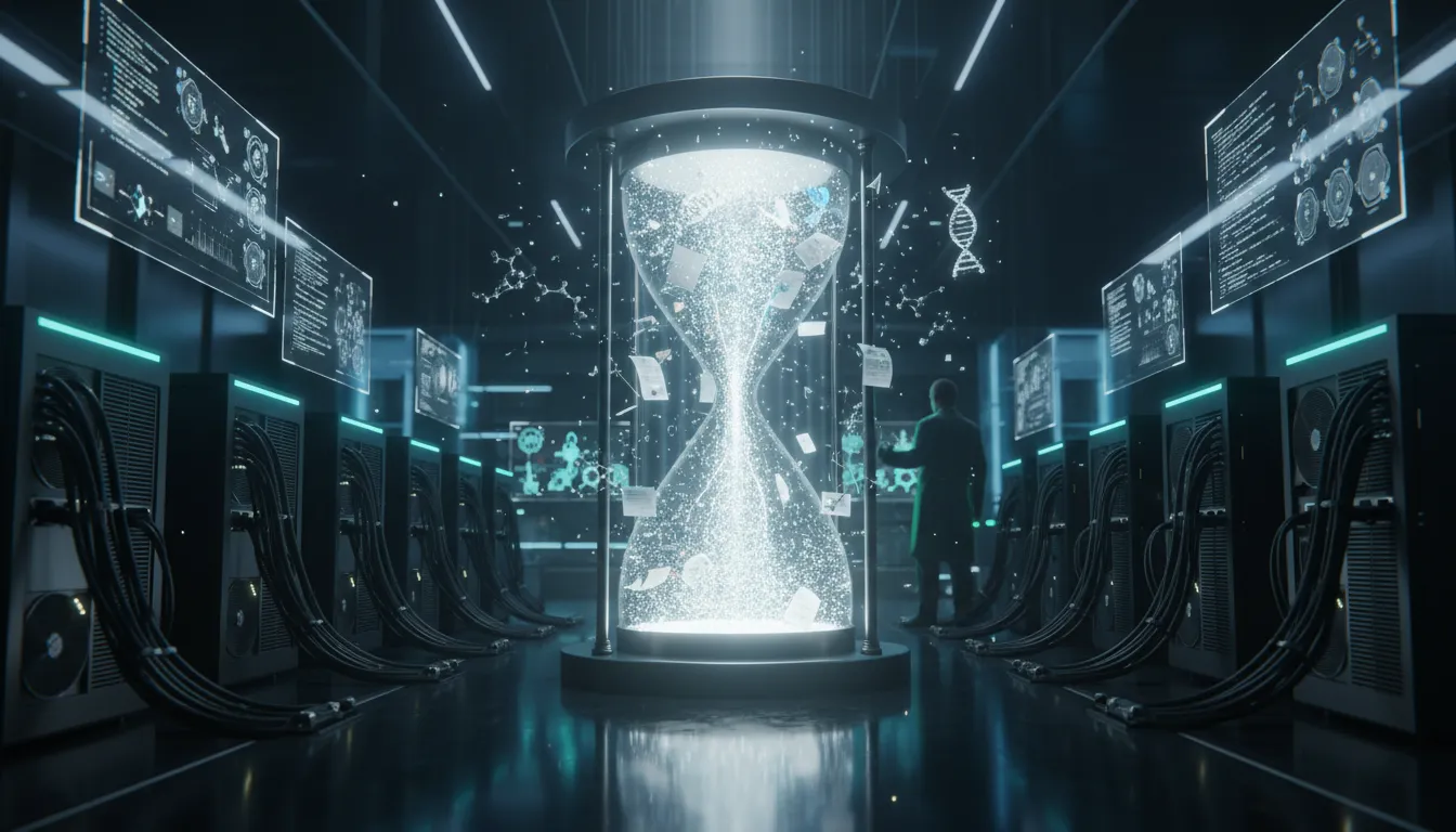 Futuristická laboratoř s AI jádrem Kosmos, kde zářící toky dat, DNA a molekulární struktury padají přes hodinové sklo do kondenzovaného jádra symbolizujícího zkomprimovaný šestiměsíční výzkum do jednoho dne