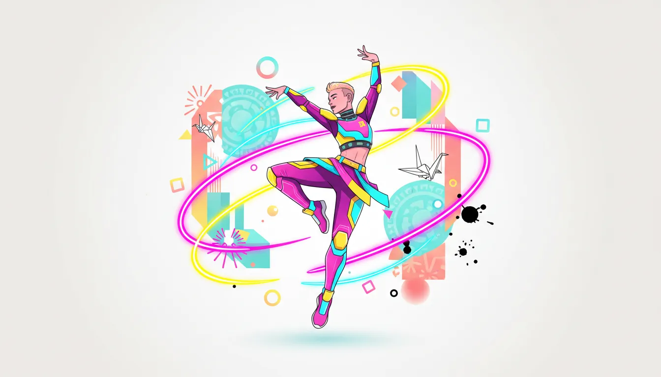 Colorful, text-free illustration of a stylized K-pop dancer mid-move with swirling doodle motion trails and abstract cultural pattern accents.