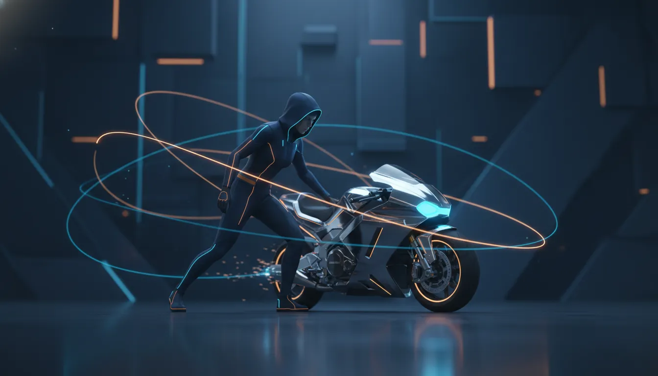 Ilustrace člověka, který rozjíždí nový projekt: postava čelí motocyklu jako symbolu výzvy a světelné dráhy ukazují, jak nástroje pomáhají překonat první odpor.