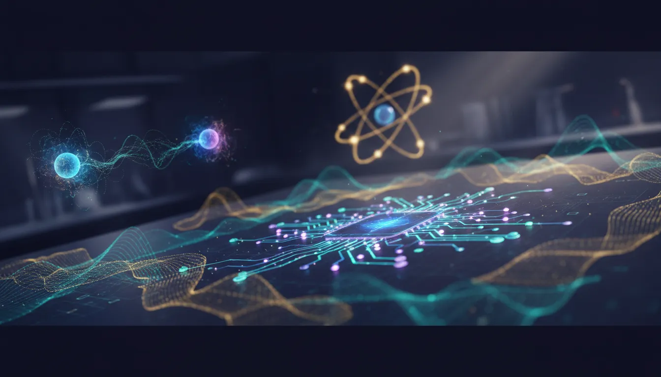 Ilustrace kvantové mechaniky a kvantového počítače s atomem, propojenými částicemi a holografickými vlnami bez textu.