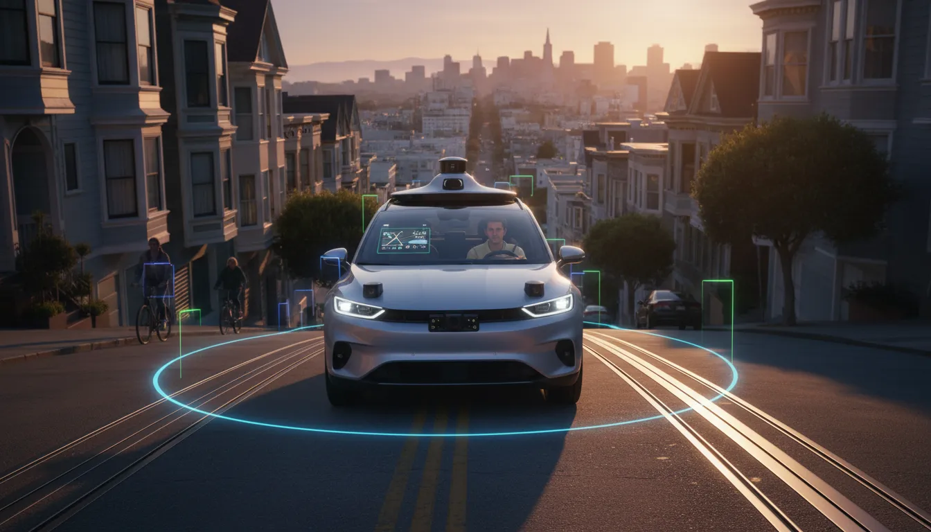 Autonomous vehicle with visible sensors and AR detection overlays driving down a steep San Francisco street with pedestrians and cable car tracks at golden hour