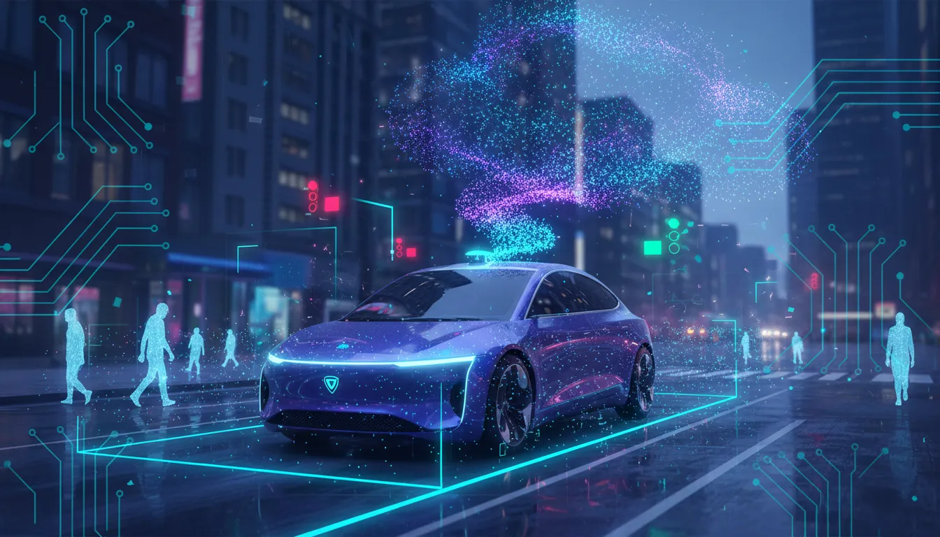 Futuristic self-driving Level 4 car with holographic perception and cloud-to-car data connection visualized on a city street at dusk.