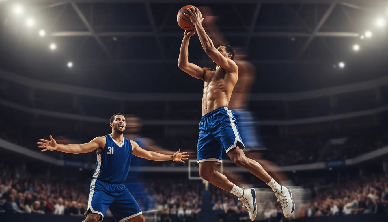 Luka Dončić style stepback jump shot with defender out of position in a modern NBA arena