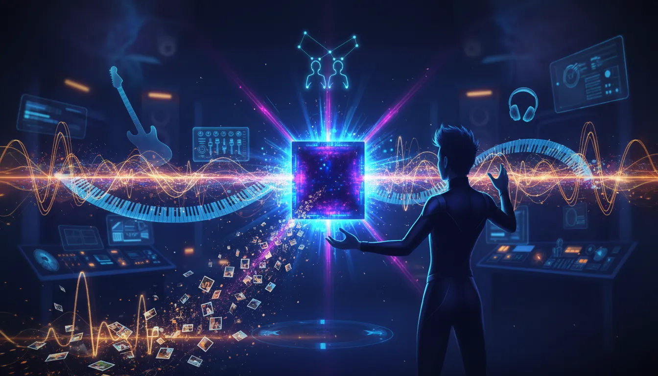 Ilustrace generování hudby AI: zářící jádro propojné s dvojčatovou konstelací přetváří fotografie a ikony nástrojů na barevné zvukové vlny