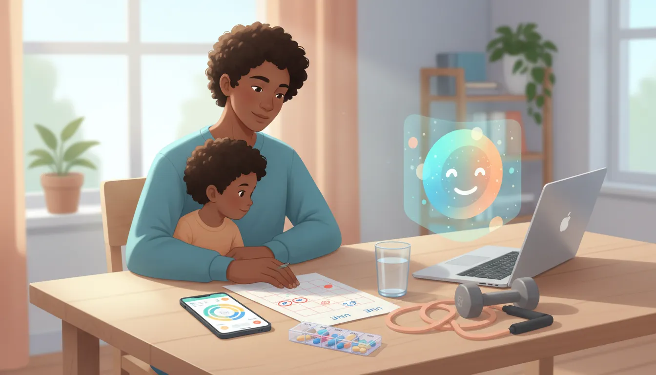 Person managing chronic illness at home using a symptom-tracking app, coordinating appointments, doing a short exercise, and consulting an abstract AI assistant hologram