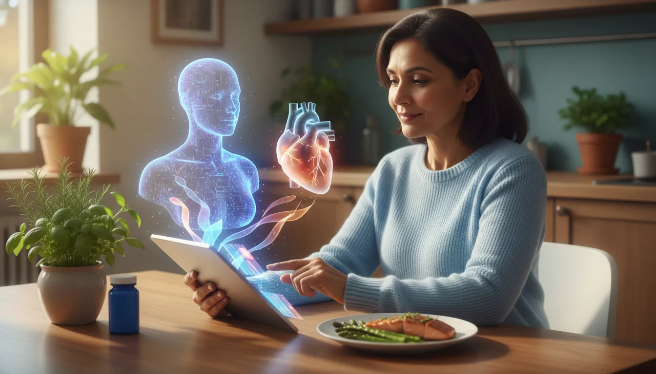 Middle-aged person using an AI assistant on a tablet to track inflammation and heart health, with herbs, a healthy meal, pill bottle, and a glowing heart visualization