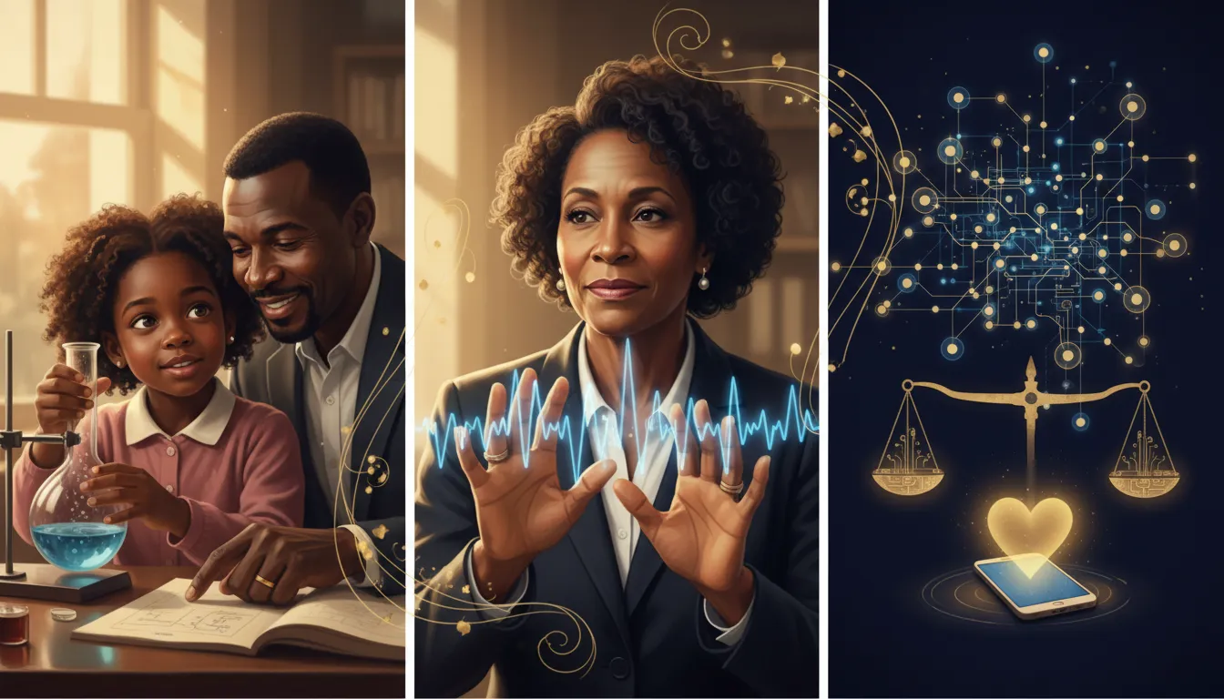 Koláž znázorňující Dr. Marian Croak: dětství s chemickou sadou a otcem, průkopnická inženýrka formující zvukové vlny, moderní síť s mobilním darem a symboly etiky AI