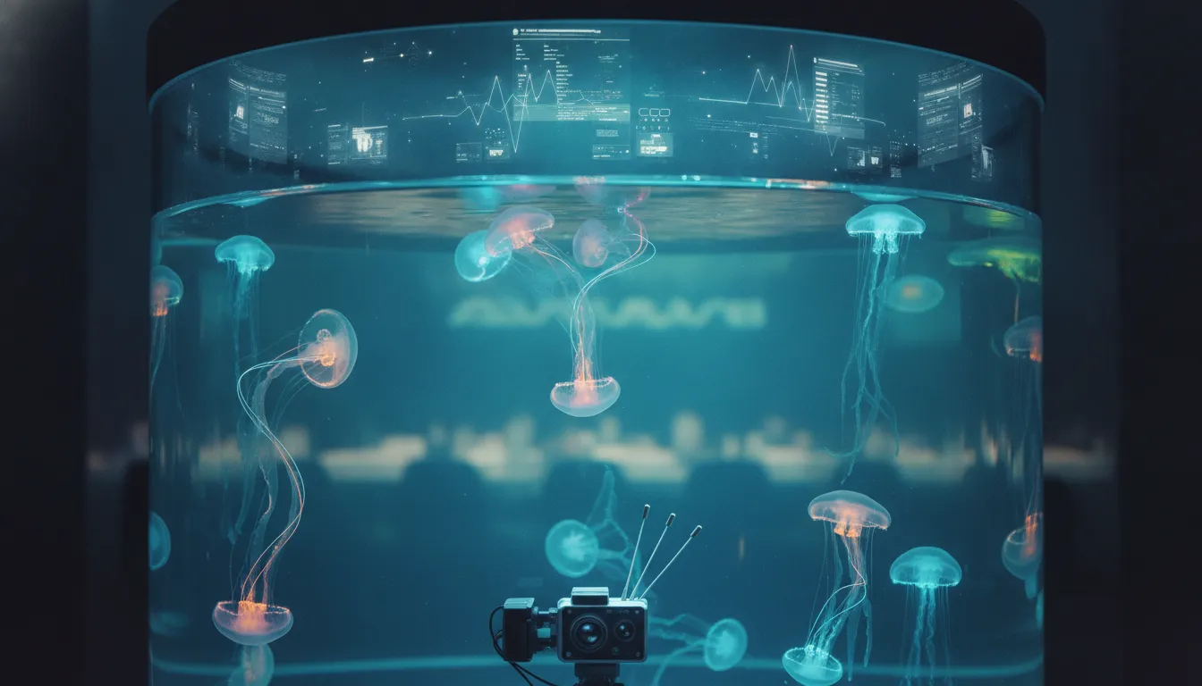 Glowing jellyfish in a futuristic aquarium, illuminated by colorful tech lighting with abstract holographic music waveforms above the water and a sensor rig at the tank edge.