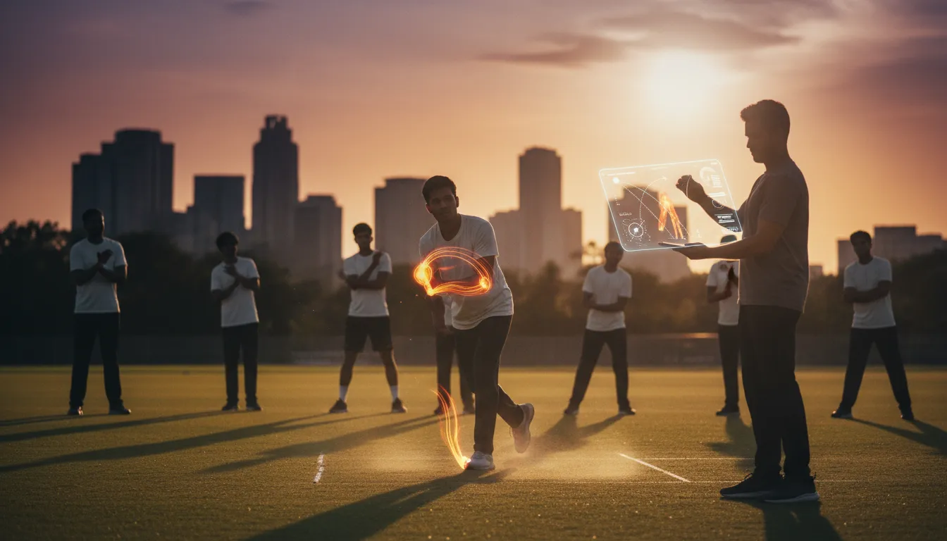 Městské výběry: mladí hráči trénují na městském hřišti, trenér s tabletem sleduje holografickou AI analýzu pohybu (ChatGPT)