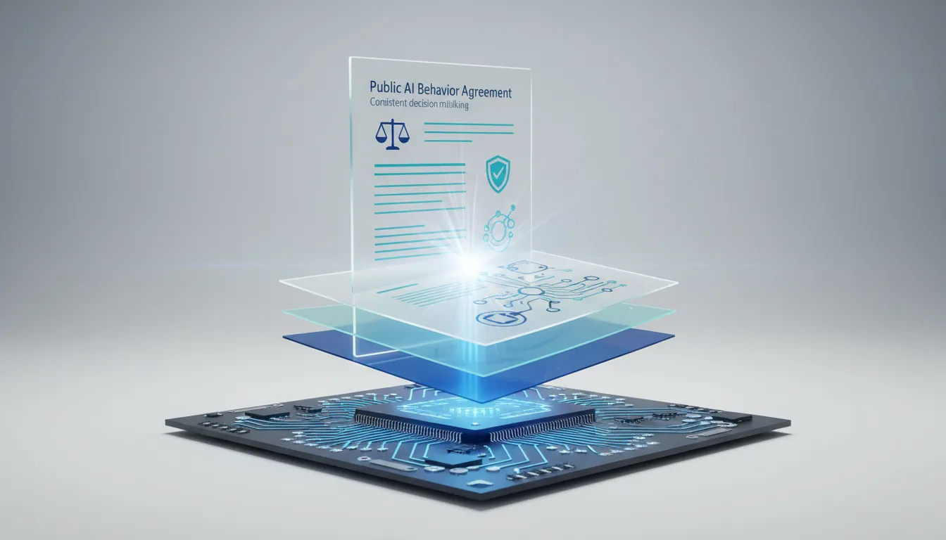 Ilustrační grafika znázorňující veřejnou specifikaci chování AI: průhledné „pravidlové“ vrstvy, obvod a propojené rozhodovací uzly bez textu.