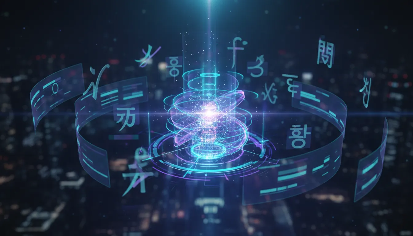 Holografická ilustrace zobrazující schopnost AI vykreslovat text napříč více jazyky bez čitelných slov, s centrálním uzlem a vícevrstvými světelnými skripty v různých písmech.