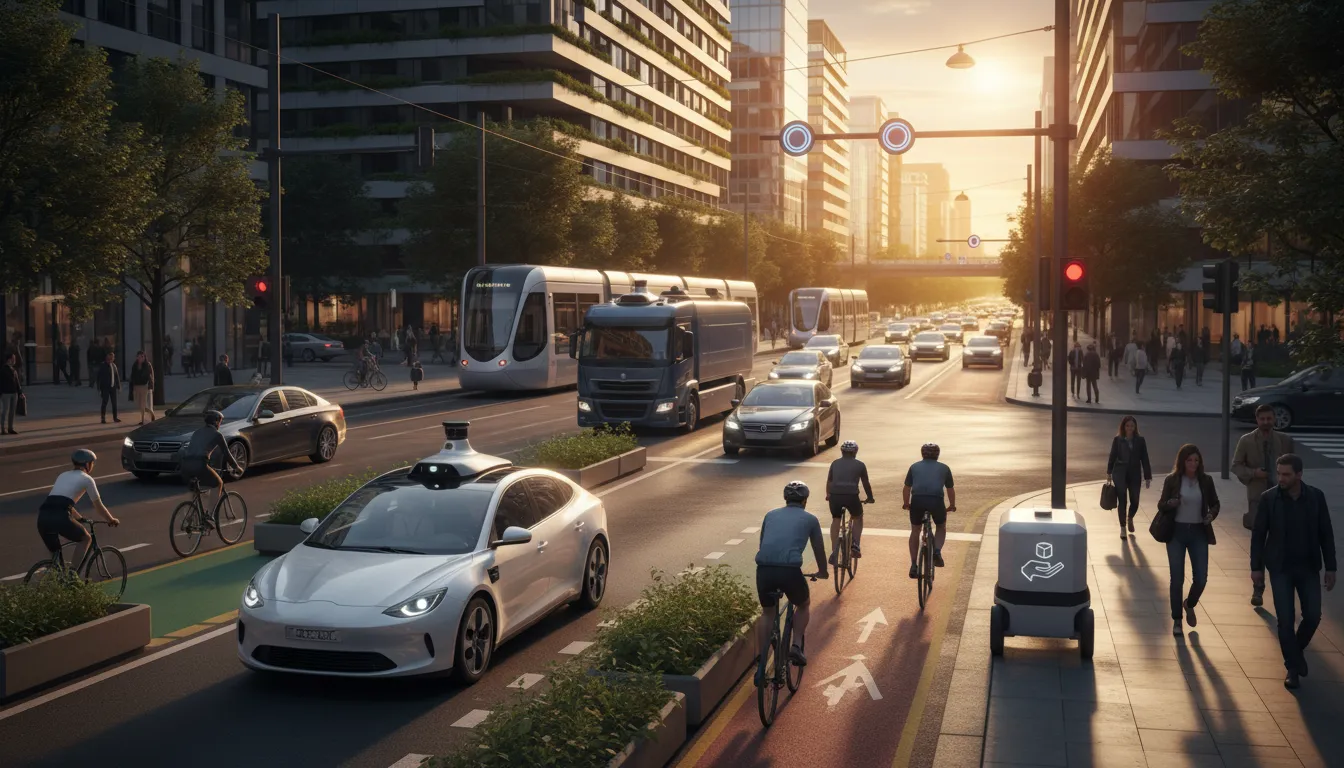 Městská scéna multimodální mobility s robotaxi, autonomním kamionem, autonomním doručovacím vozidlem, lidmi řízenými auty, cyklisty a chodci