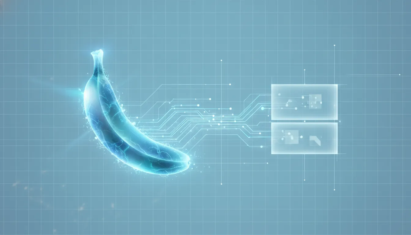Abstract tech illustration of an AI image generation concept with a glowing banana-shaped neural network feeding into a structured image frame, symbolizing context and task understanding without any text.