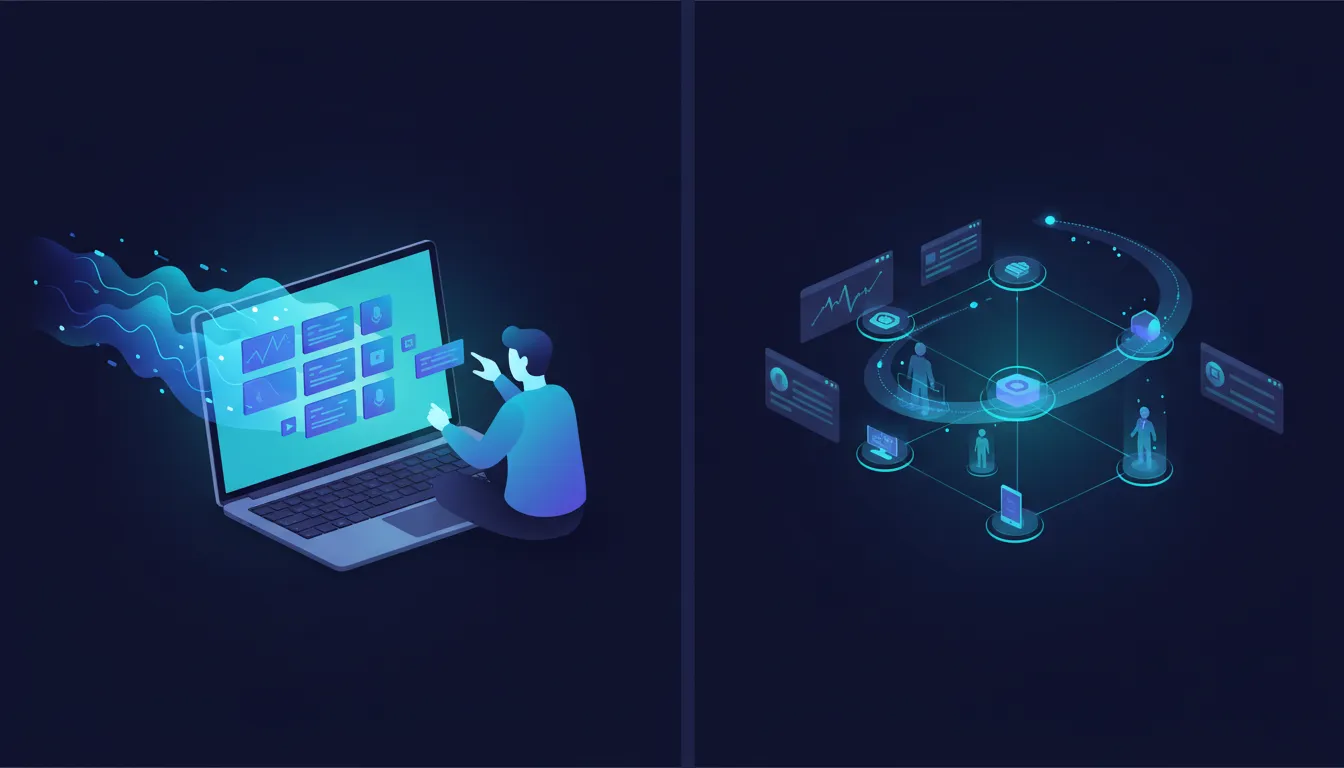 Technologická ilustrace bez textu znázorňující AI systém a vývoj hlasového zadávání do poznámek v Notionu, propojení napříč webem a desktopem a spolupráci v týmu.