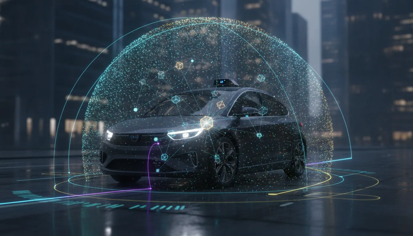 Holografické 360° vizualizace plánování a rozhodování autonomního robotaxi v městském prostředí při západu slunce