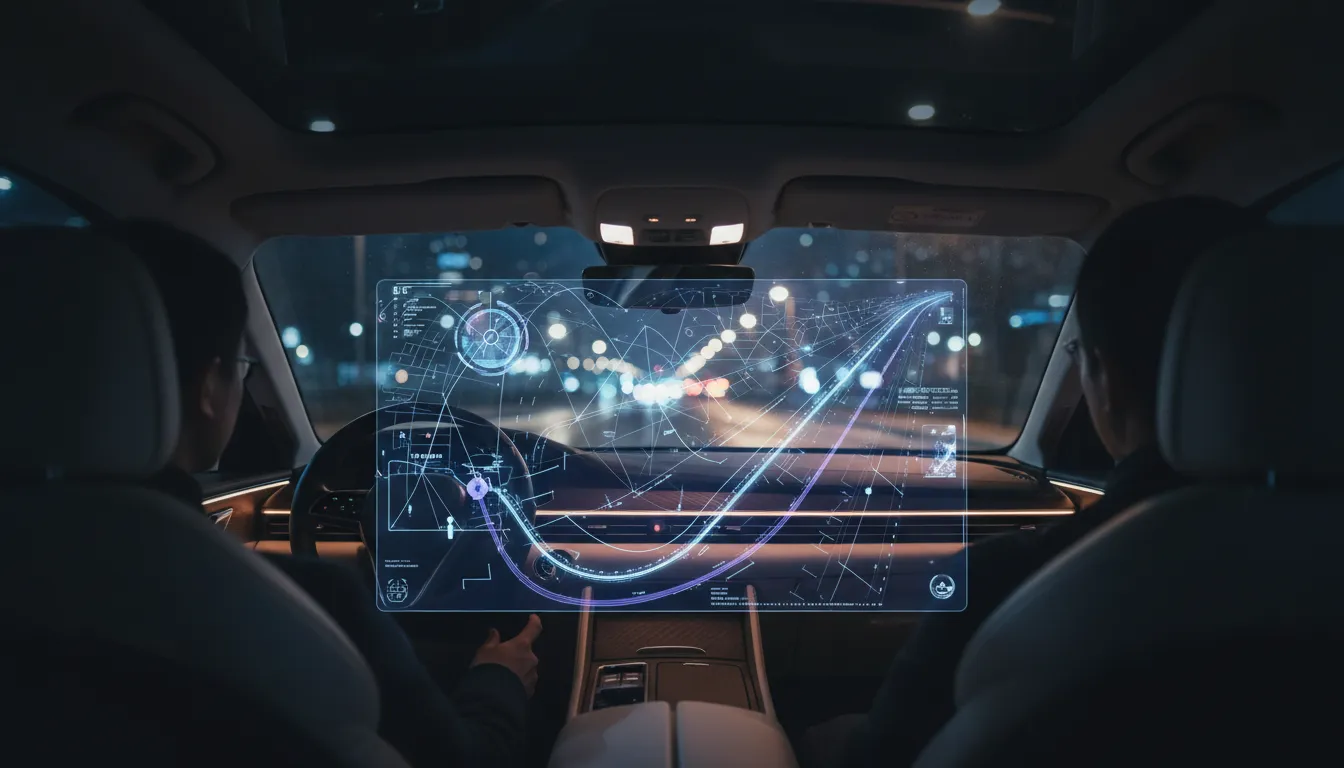 Photorealistic interior car scene at night with a subtle holographic AI reasoning overlay showing illuminated routes and spatial connections without any text.