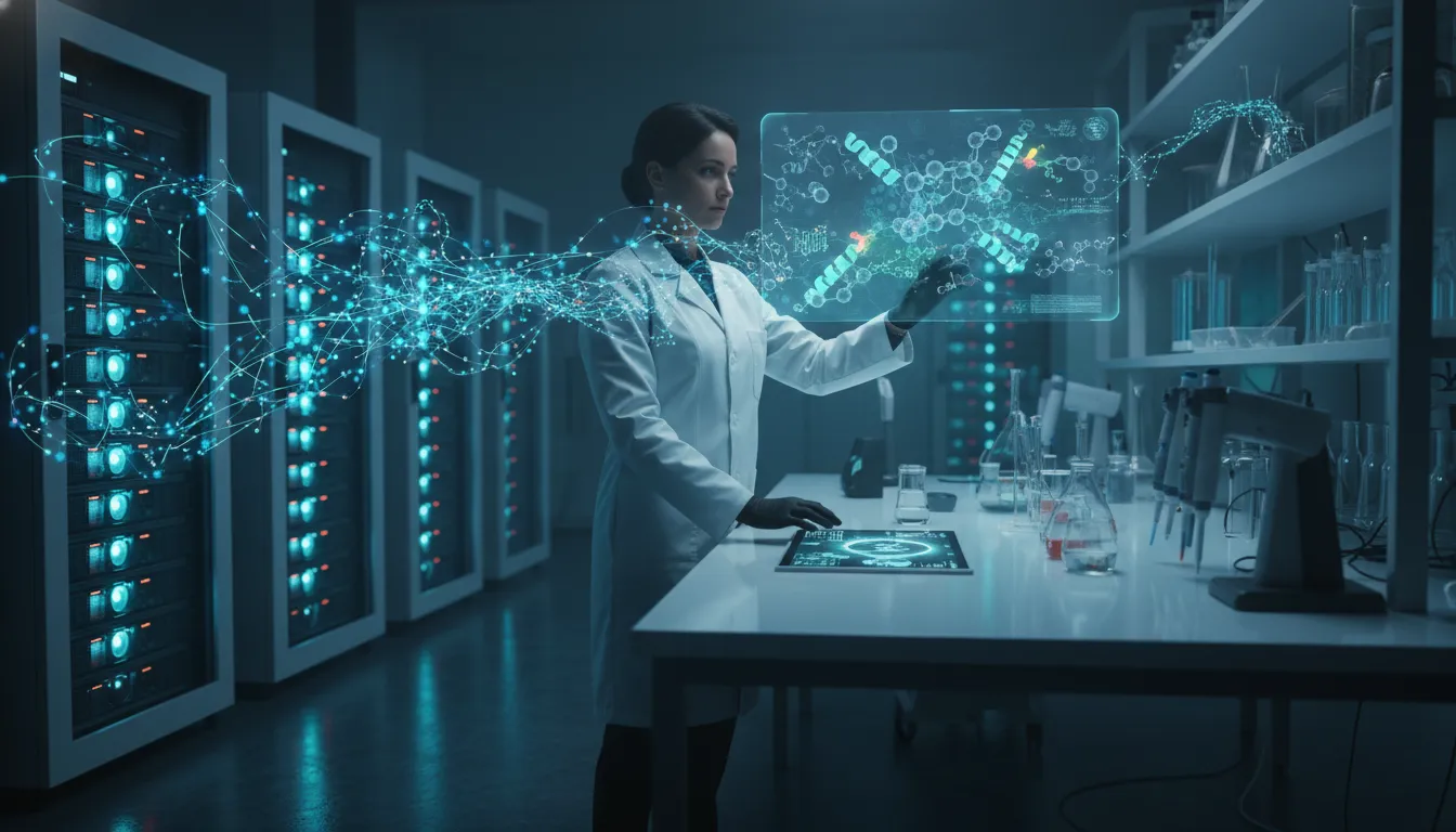 Futuristická laboratoř spojující výkonné GPU servery a holografickou 3D molekulu, symbolizující AI v objevování léků
