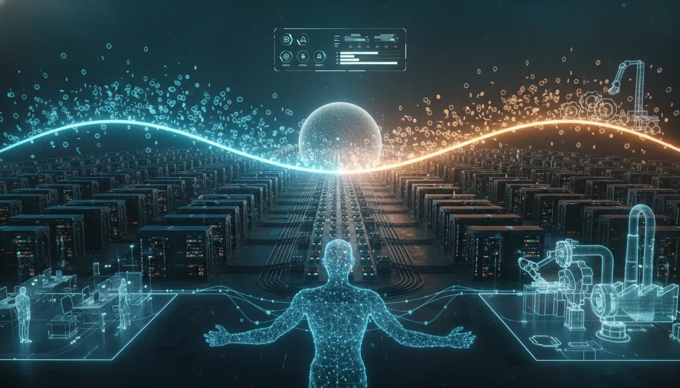 Futuristic data center visualizing inference acceleration, token streams, and AI agents extending to office and industrial environments.