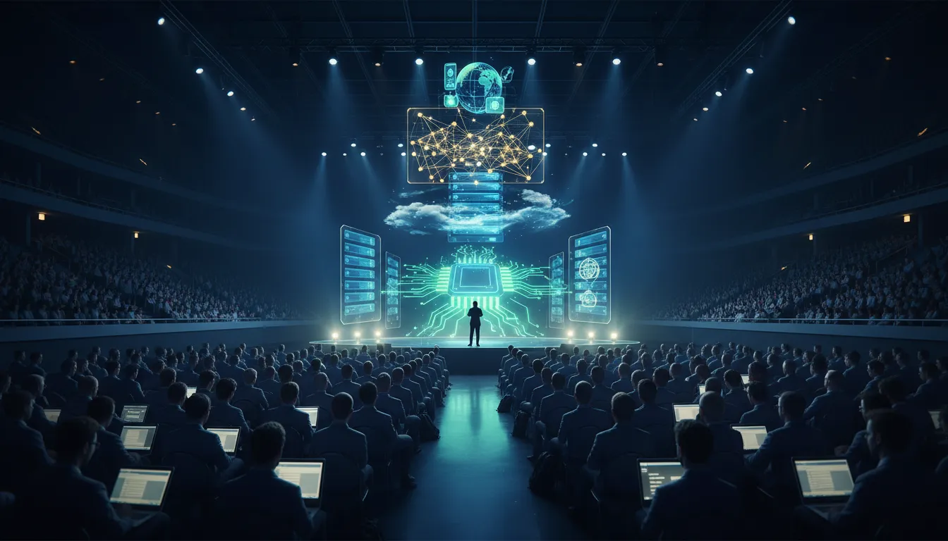 Konferenční pódium s neidentifikovatelnou postavou řečníka a holografickým zásobníkem technologií — čip, servery, neuronová síť a aplikace, publikum vývojářů a firem