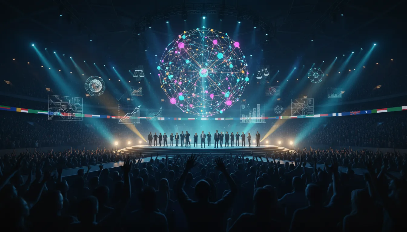 Futuristická předzápasová scéna technologické keynote: stadionová aréna s pódiem a zářícím hologramem neuronové sítě, siluety lídrů, investorů a akademiků, publikum a abstraktní digitální symboly regulací, ekonomiky a geopolitiky
