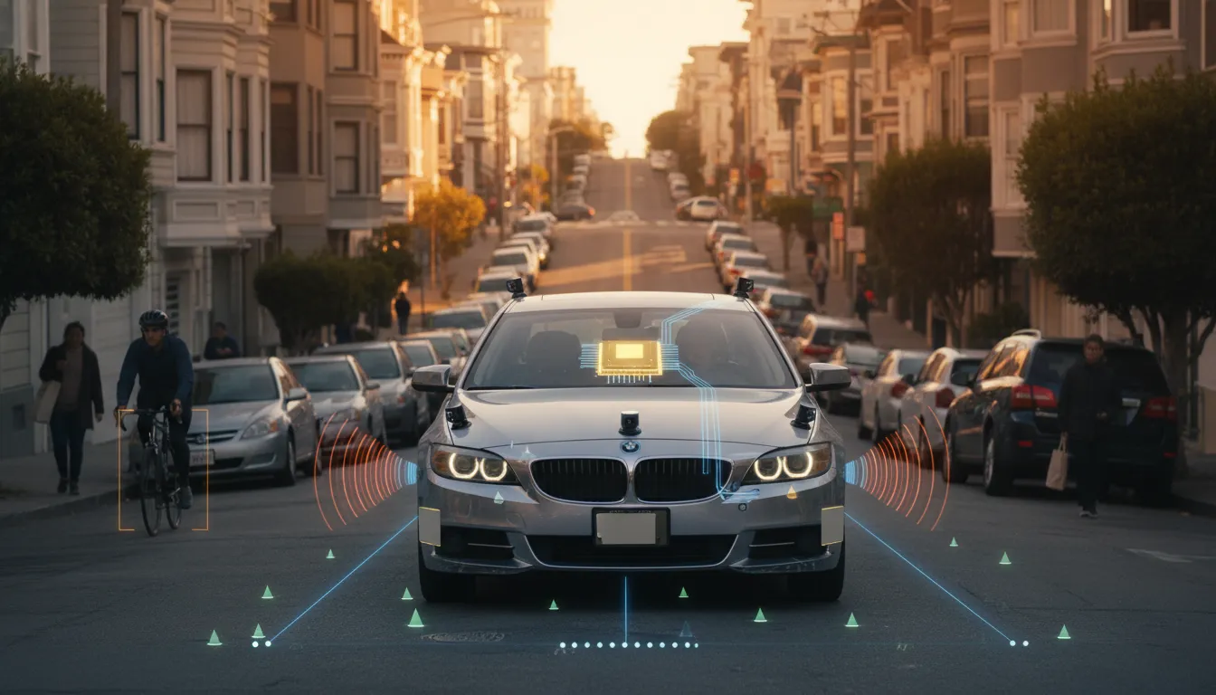 Photorealistic consumer sedan driving on a narrow San Francisco street with double parked cars pedestrians and a cyclist. Transparent view reveals a glowing onboard compute module and visualized sensor suite showing 10 cameras 5 radar modules and 12 ultrasonic sensors with sensor beams and trajectory overlays.