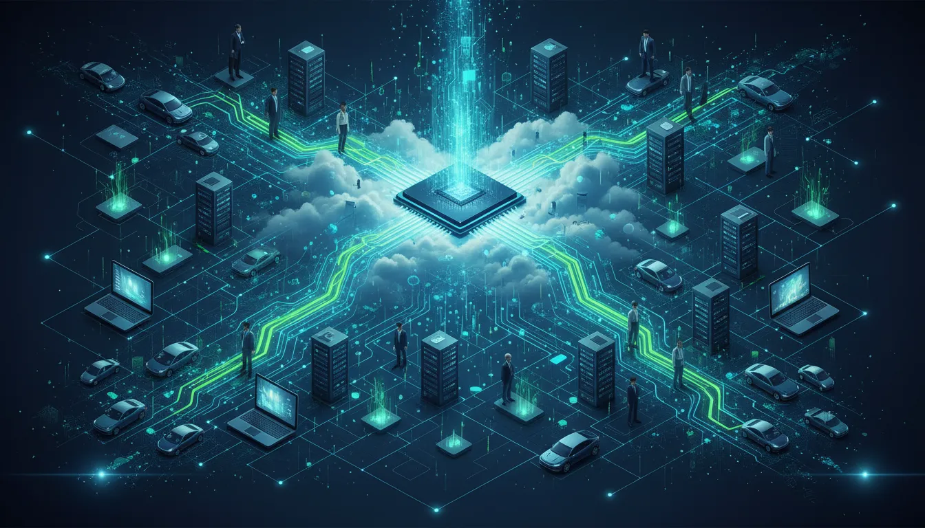 Ilustrace GPU přeměňující se na cloudové datové toky propojující servery, zařízení a automobily, znázorňující přechod výpočetní infrastruktury do éry AI