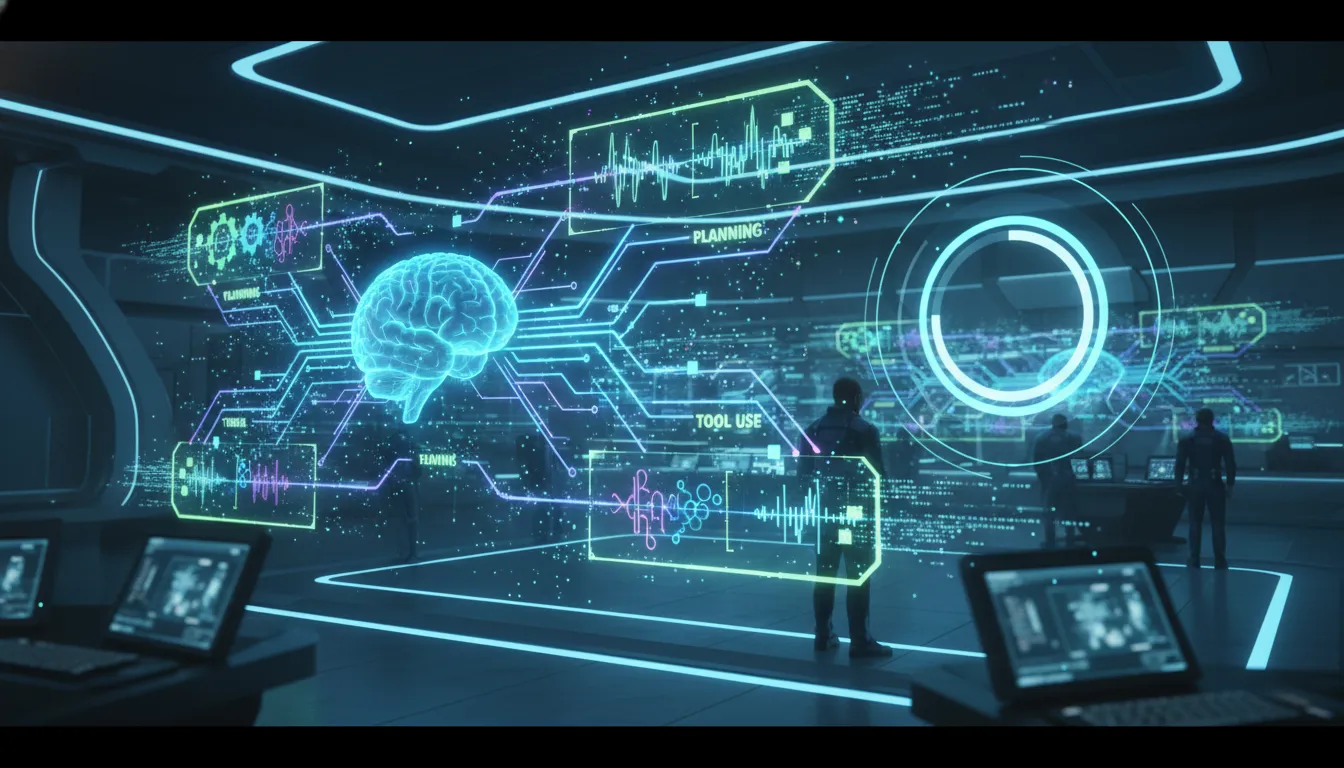 Futuristická holografická scéna znázorňující otevřený AI agentní systém s propojenými uzly, plánováním a dlouhodobým pracovním tokem bez textu.