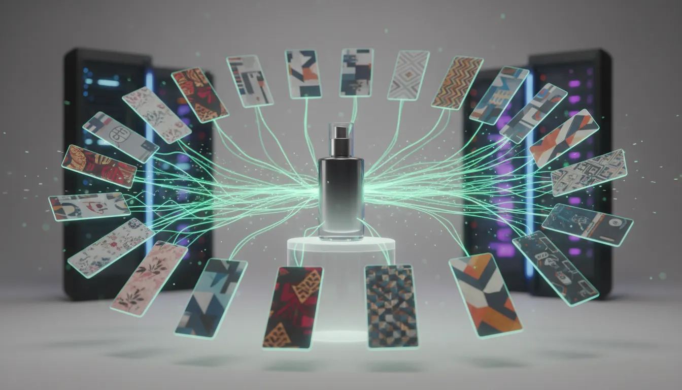 Digitální ilustrace znázorňující jeden produktní snímek proměněný v sérii lokalizovaných produktových karet pomocí AI: světelné datové toky, rozmanité kulturní vizuální varianty a rozostřené servery v pozadí, bez textu.