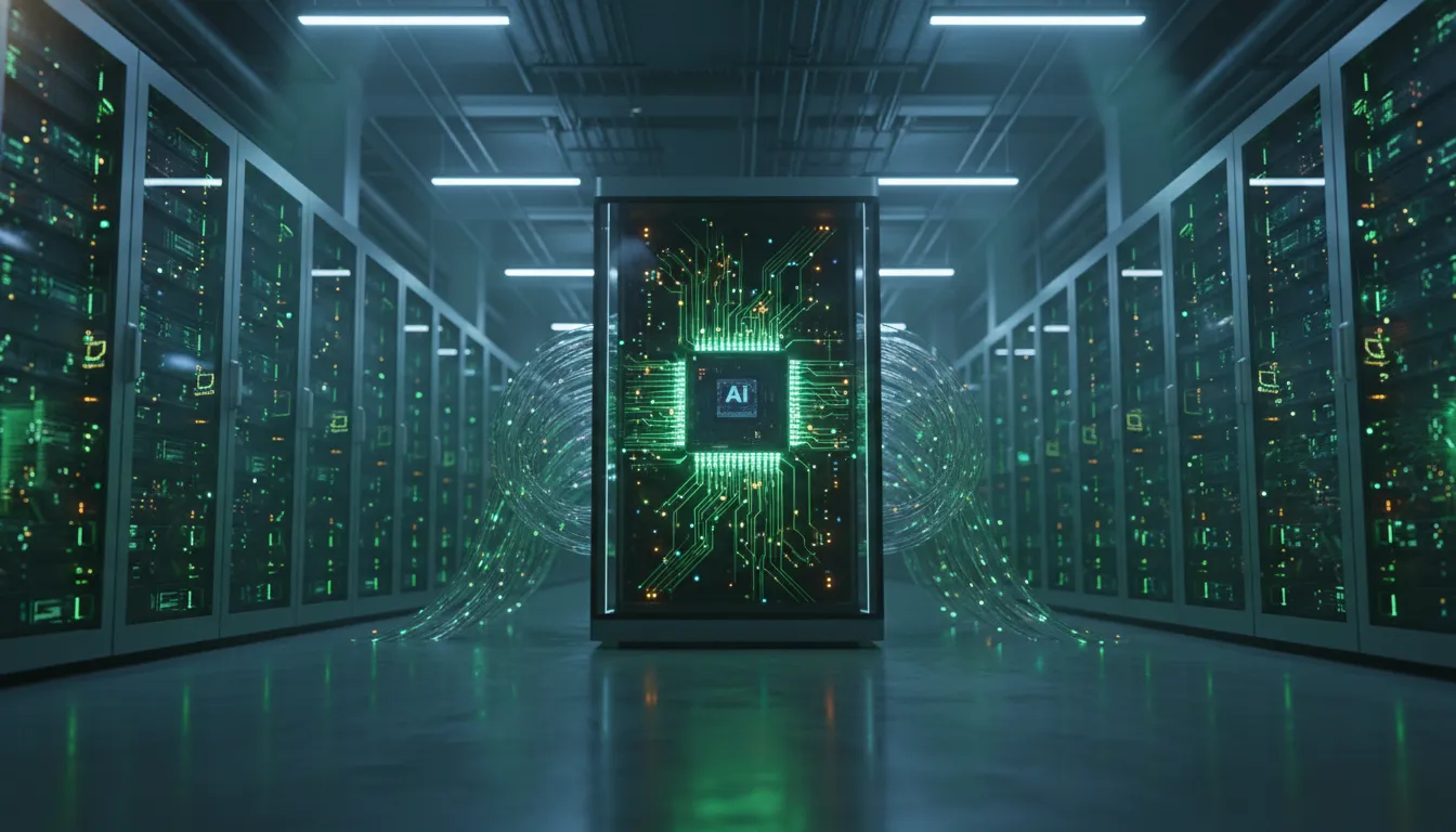 Futuristický datový sál se servery a v centru vyobrazený procesorový čip symbolizující příchod Vera CPU pro agentickou AI infrastrukturu.
