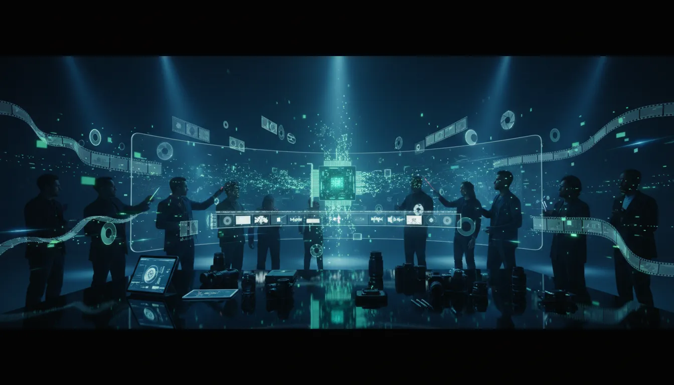Futuristic studio with a glowing green GPU core emitting holographic film frames and camera elements, illustrating AI-powered video generation
