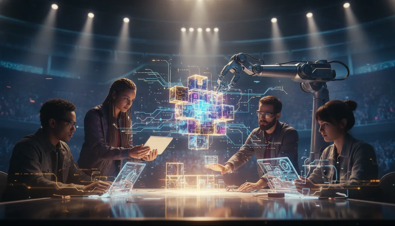 Diverzní tým lidí vytváří na futuristickém pódiu holografické 3D bloky a nástroje se plynule proměňují v digitální kód, jasné pódiové osvětlení a optimistická atmosféra technologické inovace.