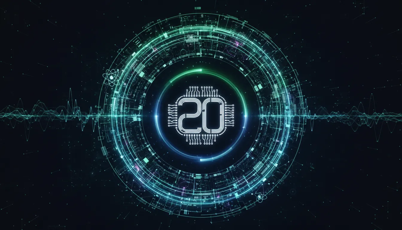 Futuristická oslava 20 let CUDA bez textu: světelná abstraktní spirála propojená obvody s prvky AI a vědeckých simulací v tmavém kosmickém pozadí.