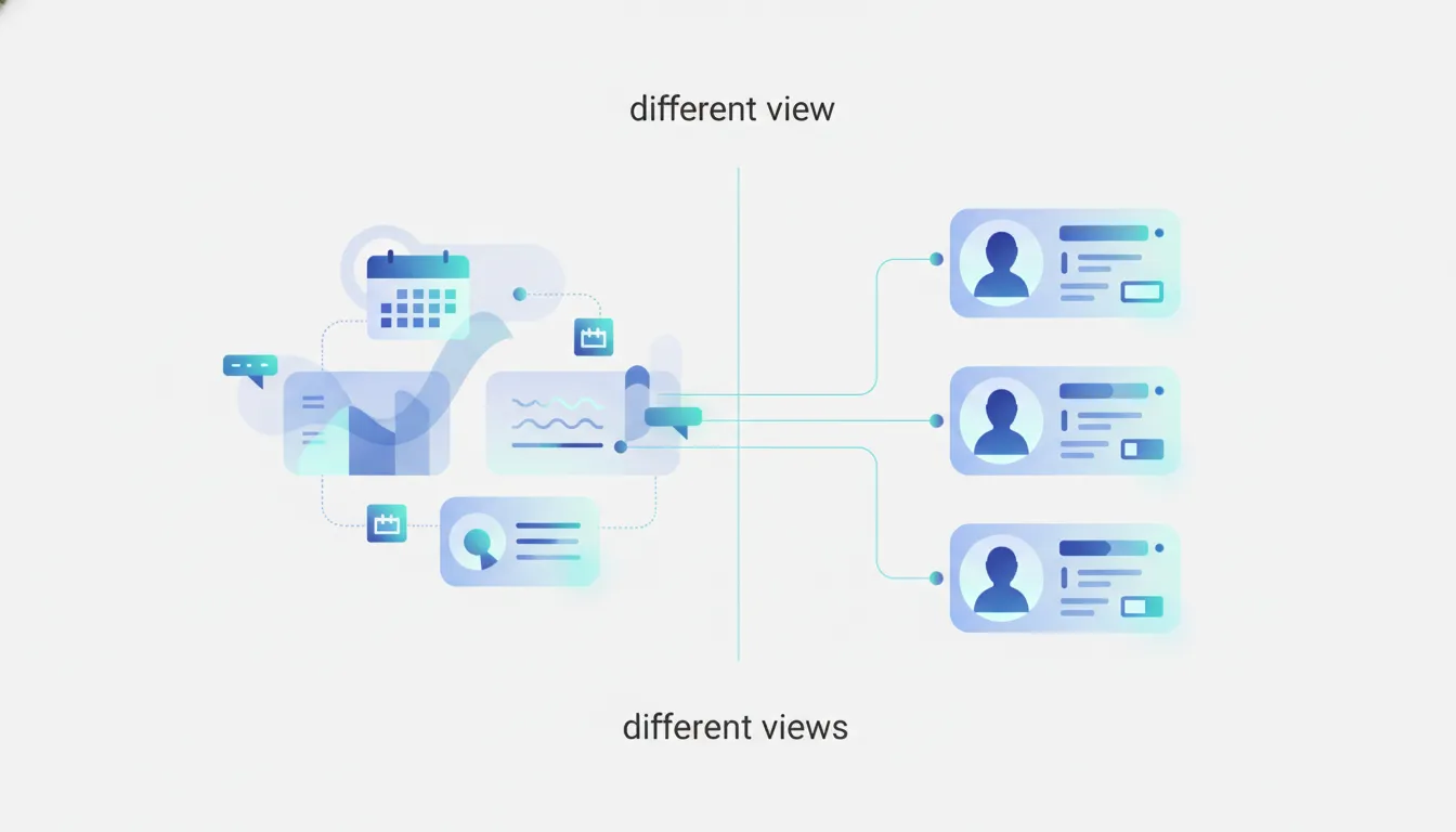 Ilustrace znázorňující jeden týmový web s personalizovanými náhledy úkolů z aktuálních dat, propojené datovými konektory a obnovováním.