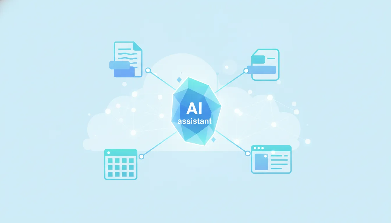 Ilustrační obrázek bez textu znázorňující propojení AI asistenta s Microsoft 365 workflow pomocí propojení přes dokumenty, tabulky a prezentace.