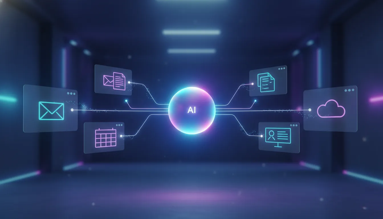 Futuristická ilustrace osobního AI agenta propojujícího digitální dokumenty, e-maily a automatizované workflow bez textu.