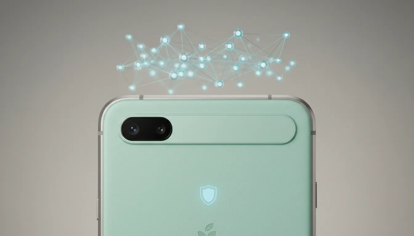 Záběr na zadní stranu Pixel 10a s plochým kamerovým pruhem bez vyčnívání, jemnými holografickými AI prvky a odolným udržitelným povrchem