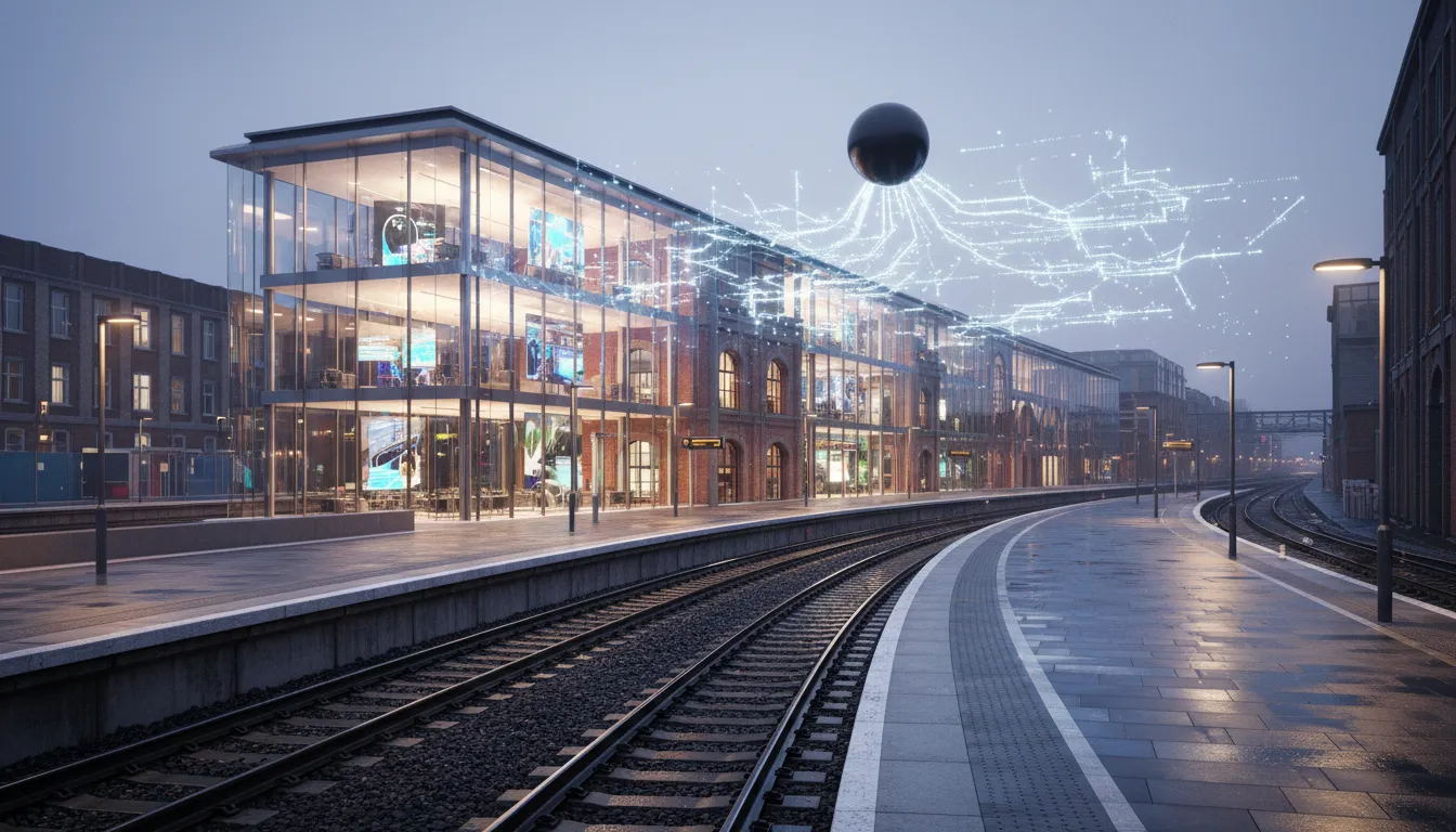 Moderní skleněná budova centra inovací Googlu u kolejí King's Cross v Londýně za soumraku; nad kolejištěm levitující zářící černý kámen Go se světelným vzorem připomínajícím neuronovou síť.