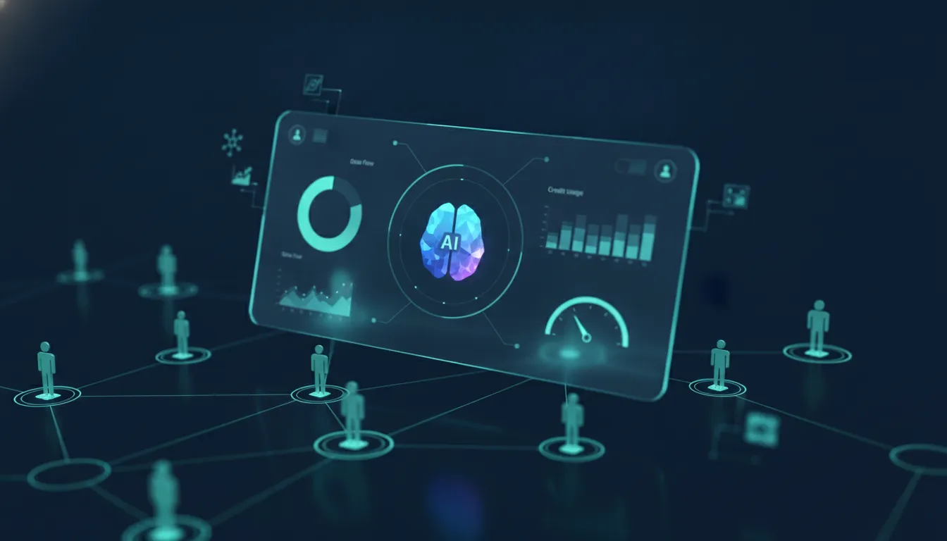 Ilustrace podnikové analytiky AI v prostředí s dashboardem, grafy a propojenou sítí týmů bez textu.